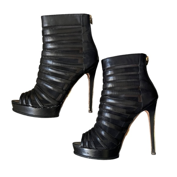 Herve Leger Leather Open Toe Ankle Black Booties Size 39/9 - Picture 9 of 15